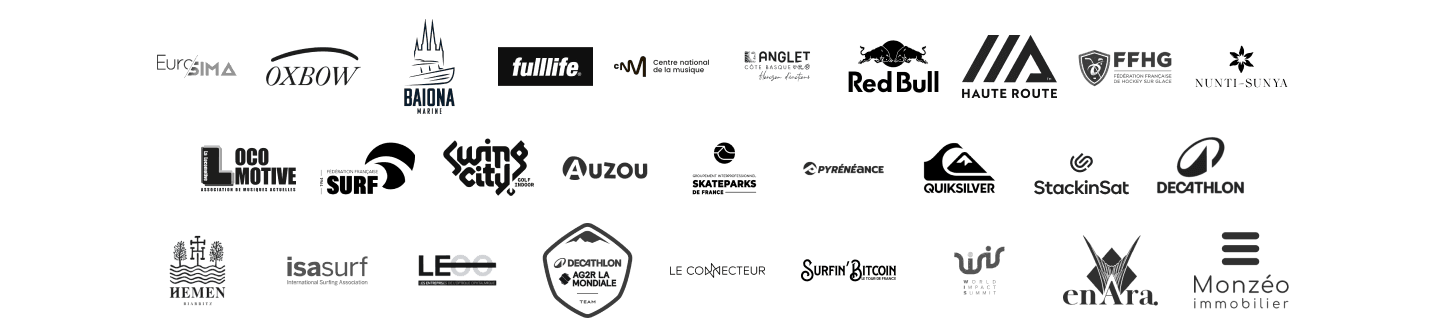 Brand Collaborations : logos des marques partenaires du Collectif Sauvage (EuroSIMA, Oxbow, Baiona Marine, fulllife, Anglet Côte Basque, Red Bull, Decathlon, Quiksilver…)